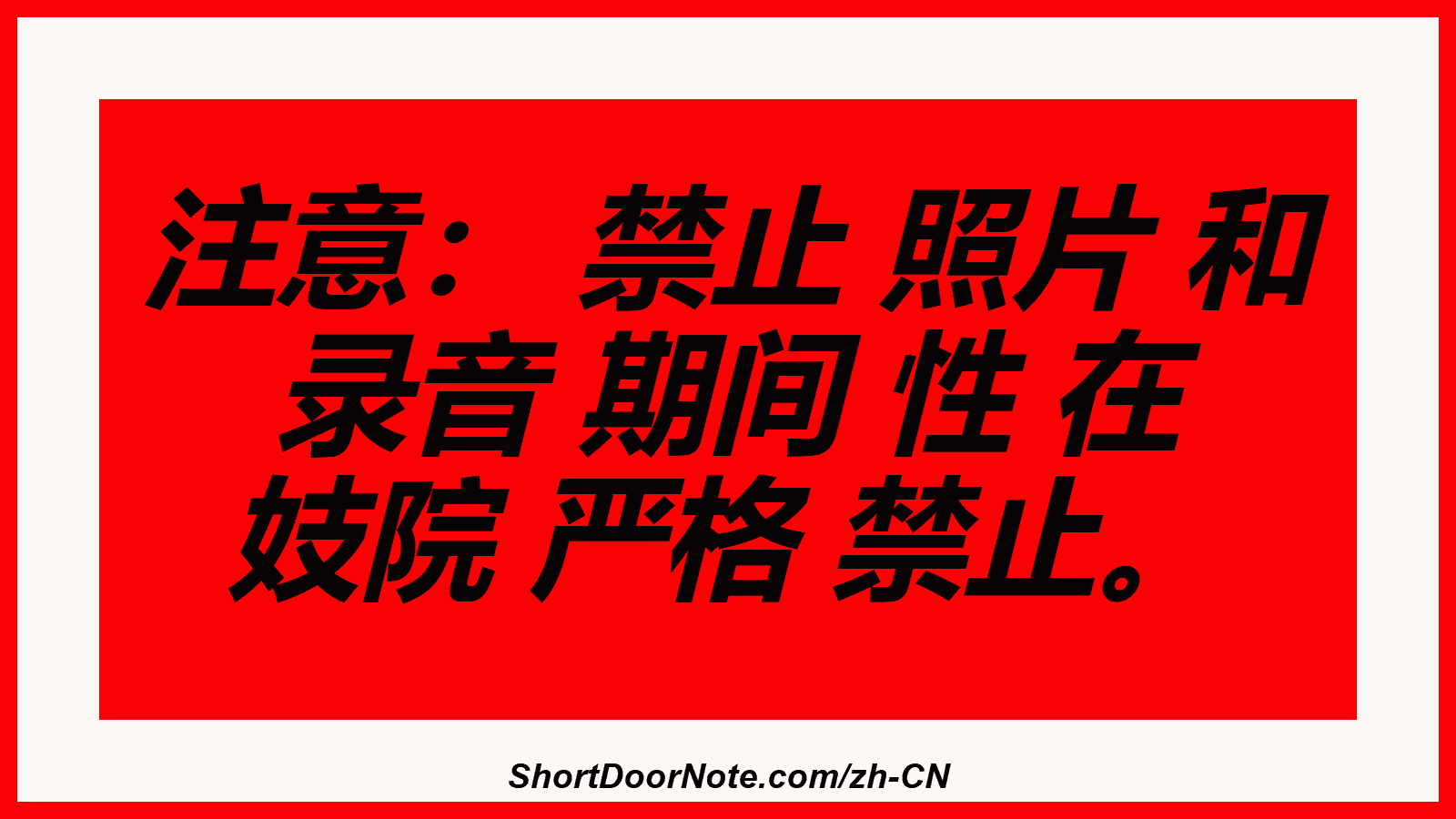 注意： 禁止 照片 和 录音 期间 性 在 妓院 严格 禁止。

